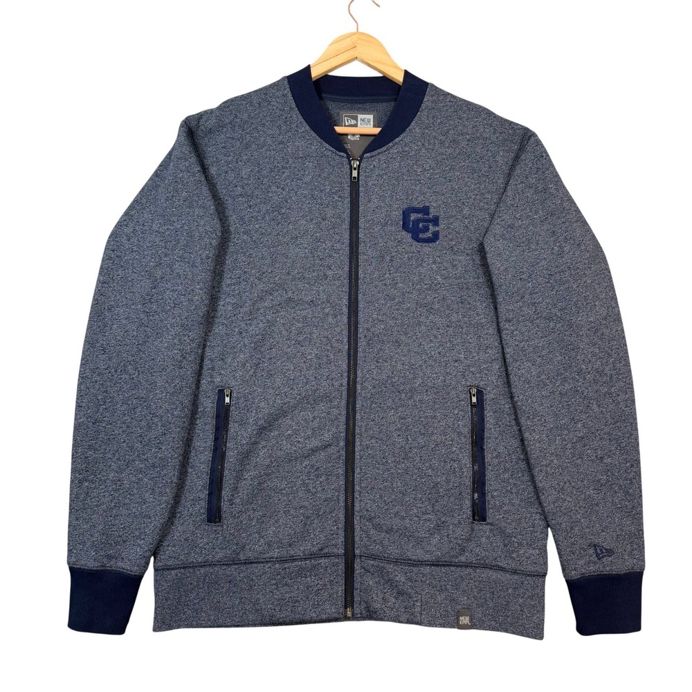 New Era Bomber Jacket Mens Large Blue Heathered Full Zip CC Logo Sweatshirt EUC